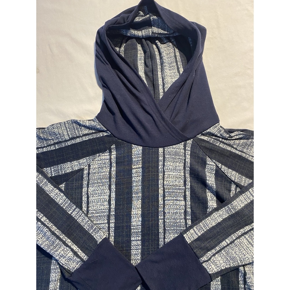 LuLaRoe Amber Unicorn Hoodie Women's L Blue & Gray Vertical Stripes Comfort Cozy